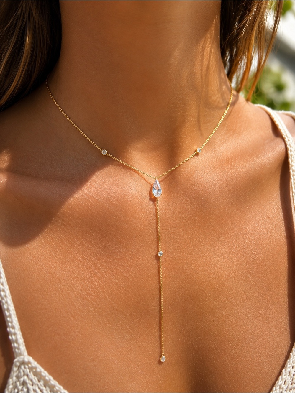 14K Gold Plated Teardrop CZ Y-Necklace | Dainty Lariat Drop Jewelry